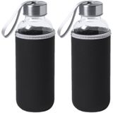 4x Stuks glazen waterfles/drinkfles met zwarte softshell bescherm hoes 420 ml - Sportfles - Bidon