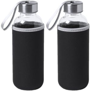 4x Stuks glazen waterfles/drinkfles met zwarte softshell bescherm hoes 420 ml - Sportfles - Bidon