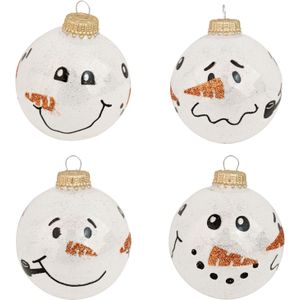 16x Luxe glitter witte glazen kerstballen sneeuwpoppen 7 cm - Kerstversiering/kerstdecoratie wit