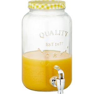 Glazen drankdispenser/limonadetap met geel/wit geblokte dop 3,5 literÃ¯Â¿Â½- Tapkraantje