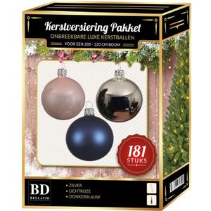 Kerstballen pakket 181x zilver-lichtroze-blauw voor 210 cm boom - Kerstboomversiering