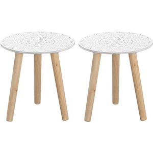 Set van 2x stuks bijzettafels rond hout wit/naturel 30 x 30 cm - Home Deco meubels en tafels