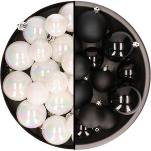 Kerstversiering kunststof kerstballen kleuren mix zwart/parelmoer wit 4-6-8 cm pakket van 68x stuks