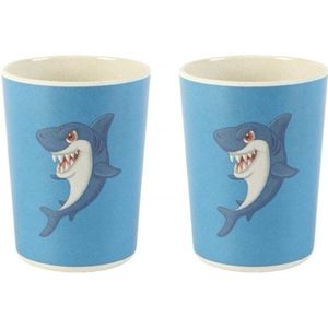 Set van 2x stuks bamboe drinkbekers haai voor kinderen 8 cm - Kinder en peuters servies - Milieuvriendelijk