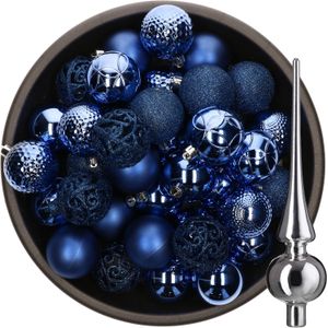 Decoris Kerstballen - 37x stuks - 6 cm - kobalt blue - kunststof - incl. glazen piek glans zilver