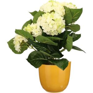 Hortensia kunstplant/kunstbloemen 36 cm - wit/groen - in pot okergeel glans - Kunst kamerplant