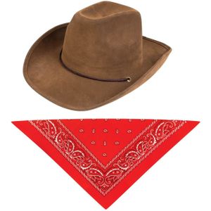 Carnaval verkleedset cowboyhoed Utah bruin - met rode hals zakdoek - voor volwassenen