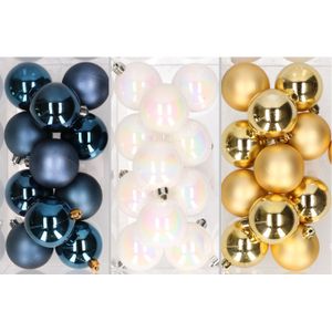 36x stuks kunststof kerstballen mix van donkerblauw, parelmoer wit en goud 6 cm - Kerstversiering