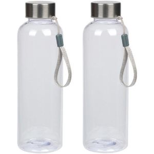 2x stuks transparante drinkflessen/waterflessen met RVS schroefdop en nylon polslus 550 ml - Sportfles