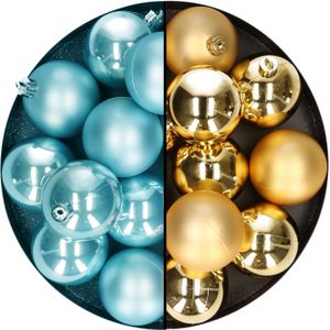 Decoris - kerstballen - 24x st - mix goud/ijsblauw - 6 cm - kunststof - kerstversiering