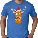 Grote maten fout Kerst t-shirt - Rudolf het rendier met kerstmuts - blauw voor heren -  plus size kerstkleding / kerst outfit