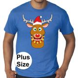Grote maten fout Kerst t-shirt - Rudolf het rendier met kerstmuts - blauw voor heren -  plus size kerstkleding / kerst outfit