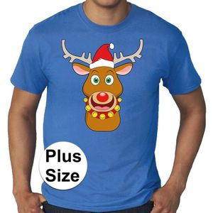 Grote maten fout Kerst t-shirt - Rudolf het rendier met kerstmuts - blauw voor heren -  plus size kerstkleding / kerst outfit