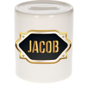 Jacob naam cadeau spaarpot met gouden embleem - kado verjaardag/ vaderdag/ pensioen/ geslaagd/ bedankt