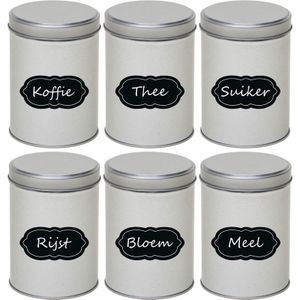 6x Zilveren ronde opbergblikken/bewaarblikken met beschrijfbare labels/etiketten 13 cm - Koffie/thee/suiker voorraadblikken - Voorraadbussen - Voorraadkast organiseren