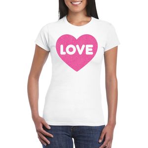 Bellatio Decorations Gay Pride T-shirt voor dames - liefde/love - wit - roze glitter hart - LHBTI