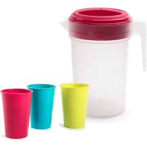Water/limonade schenkkan 2 liter met 12x kunststof gekleurde glazen van 360 ML voordeelset