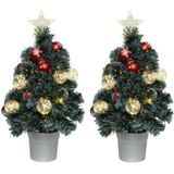 2x stuks fiber optic kerstbomen/kunst kerstbomen met verlichting en kerstballen 60 cm - Fibre kerstbomen met lampjes/lichtjes