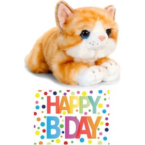 Cadeau setje pluche rood/witte kat/poes knuffel 32 cm met grote A5 formaat Happy Birthday wenskaart