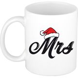 Set van 2x mokken Mr en Mrs kerstmuts cadeau mok / beker wit voor koppels / stelletjes 300 ml