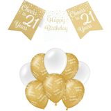 Paperdreams Luxe 21 jaar/Happy Birthday feestversiering set - Ballonnen &amp; vlaggenlijnen - wit/goud