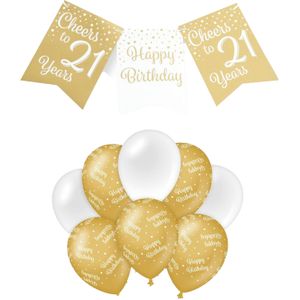 Paperdreams Luxe 21 jaar/Happy Birthday feestversiering set - Ballonnen &amp; vlaggenlijnen - wit/goud