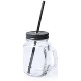 8x stuks Glazen Mason Jar drinkbekers zwarte dop en rietje 500 ml - afsluitbaar/niet lekken/fruit shakes