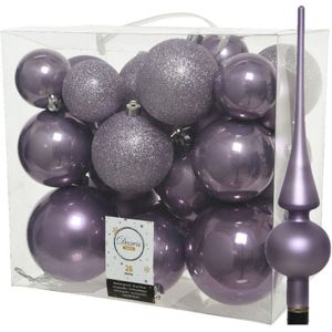 Kunststof kerstballen met glazen piek - lila paars - 27-delig