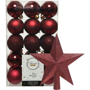 Kerstballen - 30x stuks - incl. ster piek - donkerrood - kunststof