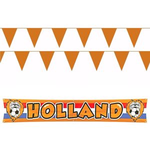 Bellatio decorations - Oranje/Holland vlaggenlijnen set 2x stuks met banier vlag Holland