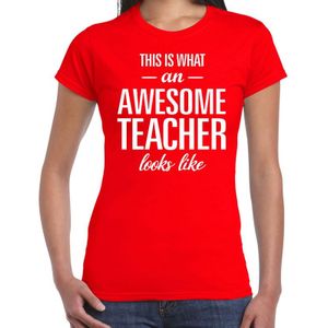 Bellatio Decorations cadeau t-shirt dames - awesome teacher - lerares bedankje - juffendag - rood