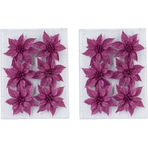 24x stuks decoratie bloemen rozen fuchsia roze glitter op ijzerdraad 8 cm - Decoratiebloemen/kerstboomversiering/kerstversiering