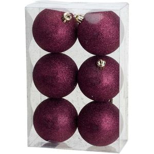 18x Aubergine roze kunststof kerstballen 8 cm - Glitter - Onbreekbare plastic kerstballen - Kerstboomversiering aubergine roze