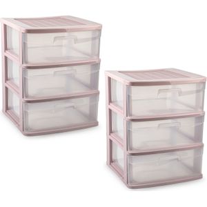PlasticForte ladeblokje/bureau organizer - 2x - 3 lades - transparant/roze - L39 x B40 x H49 cm