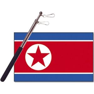 Landen vlag Noord Korea - 90 x 150 cm - met compacte draagbare telescoop vlaggenstok - zwaaivlaggen