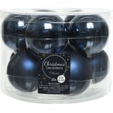 Compleet glazen kerstballen pakket donkerblauw glans/mat 32x stuks met piek glans - 20x 6 cm - 12x 8 cm