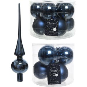 Compleet glazen kerstballen pakket donkerblauw glans/mat 32x stuks met piek glans - 20x 6 cm - 12x 8 cm