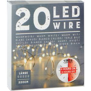 Cepewa set van 2x stuks draadverlichting lichtsnoer - 220 cm - 20 leds - warm wit - batt - timer