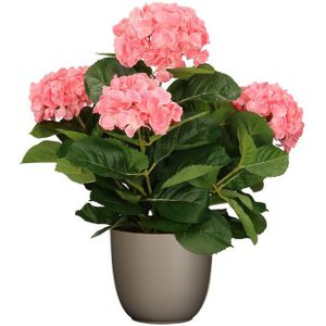 Hortensia kunstplant/kunstbloemen 45 cm - roze - in pot taupe mat - Kunst kamerplant