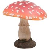 Decoratie paddenstoelen setje met 2x gewone paddenstoelen van 13 cm - 1x van 15 cm - 1x vliegenzwam van 16 cm met vogeltjes