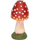 Decoratie paddenstoelen setje met 2x gewone paddenstoelen van 13 cm - 1x van 15 cm - 1x vliegenzwam van 16 cm met vogeltjes