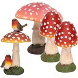 Decoratie paddenstoelen setje met 2x gewone paddenstoelen van 13 cm - 1x van 15 cm - 1x vliegenzwam van 16 cm met vogeltjes