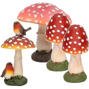 Decoratie paddenstoelen setje met 2x gewone paddenstoelen van 13 cm - 1x van 15 cm - 1x vliegenzwam van 16 cm met vogeltjes