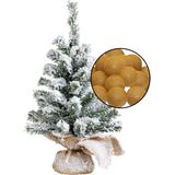 Mini kunst kerstboom met sneeuw - incl. verlichting bollen okergeel - H45 cm