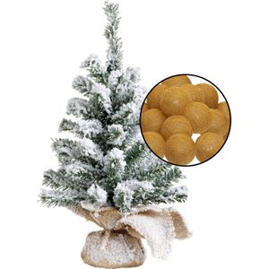Mini kunst kerstboom met sneeuw - incl. verlichting bollen okergeel - H45 cm