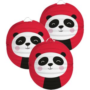 Folat Lampion panda - 3x - 22 cm - rood - papier - Sint maarten/kinderfeestje lampionnen