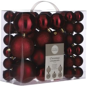 Kerstballenpakket 92x donkerrode kunststof kerstballen mix - Kerstboomversiering/boomversiering/kerstversiering