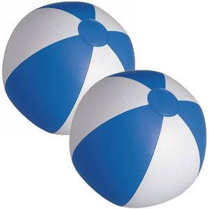 2x stuks opblaasbare zwembad strandballen plastic blauw/wit 28 cm - Strand buiten zwembad speelgoed