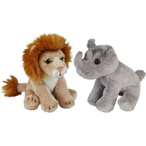 Ravensden - Safari dieren knuffels - 2x stuks - Neushoorn en Leeuw - 15 cm