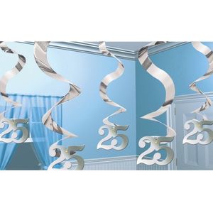 3x Hangdecoratie 25 jaar jubileum rotorspiraal zilveren jubileum - Feestartikelen en versiering